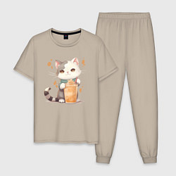 Пижама хлопковая мужская Кот с латте, цвет: миндальный