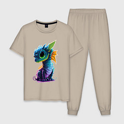 Пижама хлопковая мужская Неоновый дракончик, цвет: миндальный