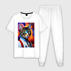 Пижама хлопковая мужская Кот в комбинезоне - нейросеть, цвет: белый