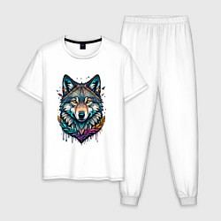 Пижама хлопковая мужская Лесной яркий волк, цвет: белый