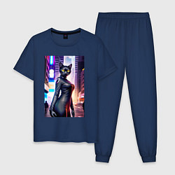 Пижама хлопковая мужская Кульная чёрная кисуля - Нью-Йорк - нейросеть, цвет: тёмно-синий