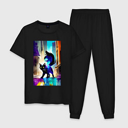 Пижама хлопковая мужская Кошечка пушистый хвост - акварель - живопись, цвет: черный