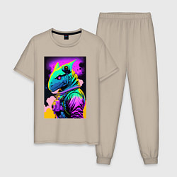 Пижама хлопковая мужская Dino astronaut - neural network, цвет: миндальный