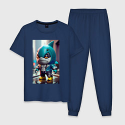 Пижама хлопковая мужская Кроха-акулёныш - киберпанк - нейросеть, цвет: тёмно-синий