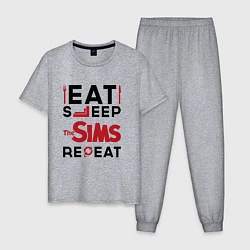 Пижама хлопковая мужская Надпись: eat sleep The Sims repeat, цвет: меланж