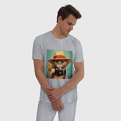 Пижама хлопковая мужская Кот в соломенной шляпе с фотоаппаратом, цвет: меланж — фото 2