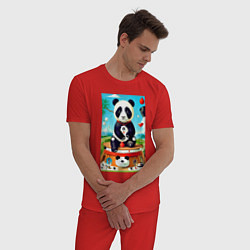 Пижама хлопковая мужская Панда на постаменте - сюрреализм, цвет: красный — фото 2