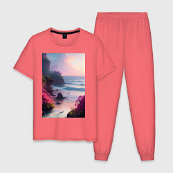 Пижама хлопковая мужская Вечер в бухте, цвет: коралловый
