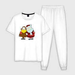 Пижама хлопковая мужская Monkey Chi and Santa Claus, цвет: белый