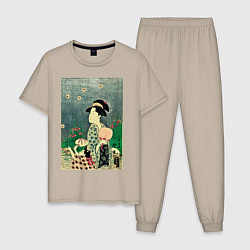 Пижама хлопковая мужская Утамаро Китагава - гравюра Ловля светлячков, цвет: миндальный