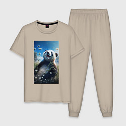 Пижама хлопковая мужская Счастливая панда, цвет: миндальный