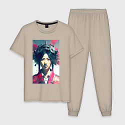 Пижама хлопковая мужская Japanese girl - cyberpunk - neural network, цвет: миндальный