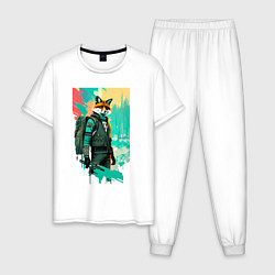 Пижама хлопковая мужская Лис-геолог - нейросеть, цвет: белый