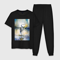 Пижама хлопковая мужская Цапля на озере - акварель - нейросеть, цвет: черный