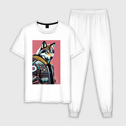 Пижама хлопковая мужская Волк следящий за модой - нейросеть, цвет: белый