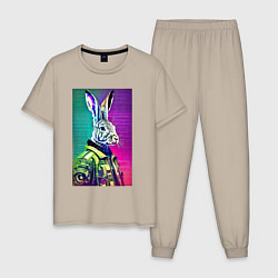 Пижама хлопковая мужская Неоновый модный заяц - нейросеть, цвет: миндальный