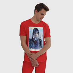 Пижама хлопковая мужская Акварельный портрет Уэнсдей, цвет: красный — фото 2