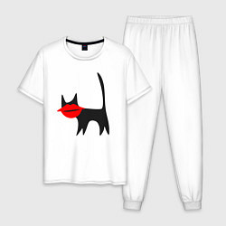 Пижама хлопковая мужская Кот губастик, цвет: белый