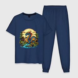 Пижама хлопковая мужская Синий дракон у реки, цвет: тёмно-синий