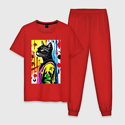 Пижама хлопковая мужская Модный чёрный кот - поп-арт, цвет: красный