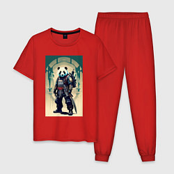 Пижама хлопковая мужская Панда - самурай - киберпанк, цвет: красный