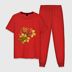 Пижама хлопковая мужская Хохлома традиционный русский узор, цвет: красный