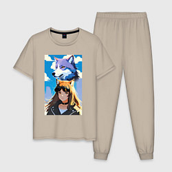 Пижама хлопковая мужская Девочка и волк - аниме, цвет: миндальный