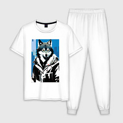 Пижама хлопковая мужская Волк в мегаполисе - нейросеть, цвет: белый