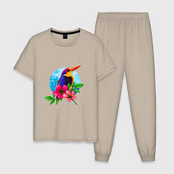 Пижама хлопковая мужская Тропическая птица в цветах, цвет: миндальный