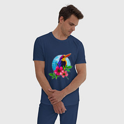 Пижама хлопковая мужская Тропическая птица в цветах, цвет: тёмно-синий — фото 2