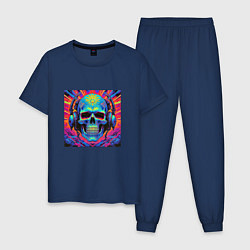 Пижама хлопковая мужская Череп скелет кислотный в наушниках в стиле ретровэ, цвет: тёмно-синий