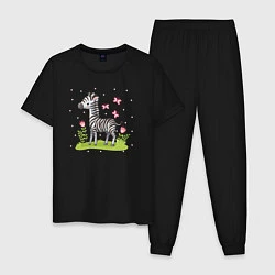 Пижама хлопковая мужская Зебра на лугу, цвет: черный