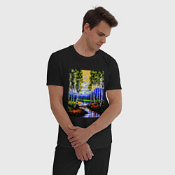 Пижама хлопковая мужская Пиксельный березовый пейзаж, цвет: черный — фото 2