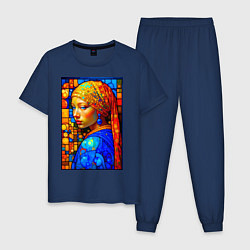 Пижама хлопковая мужская Девушка с жемчужной серёжкой - мозаика, цвет: тёмно-синий