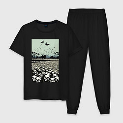 Пижама хлопковая мужская Черепа и бабочки - психоделический пейзаж, цвет: черный