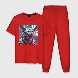 Пижама хлопковая мужская Киберкот в стиле киберпанк, цвет: красный