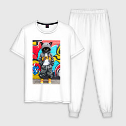 Пижама хлопковая мужская Уличный котёнок хулиган на фоне граффити - нейросе, цвет: белый