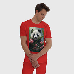 Пижама хлопковая мужская Панда в цветах под дождём - нейросеть, цвет: красный — фото 2