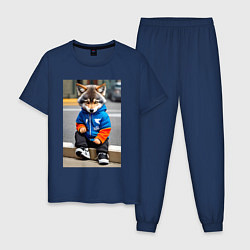 Пижама хлопковая мужская Уличный волчонок-хулиган - нейросеть, цвет: тёмно-синий
