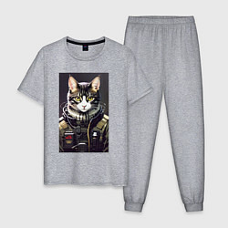 Пижама хлопковая мужская Крутой кот - киберпанк - нейросеть, цвет: меланж