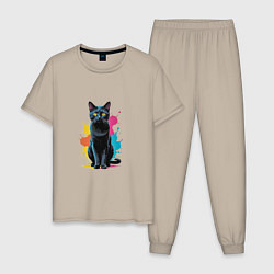 Пижама хлопковая мужская Кошка яркая грациозность, цвет: миндальный