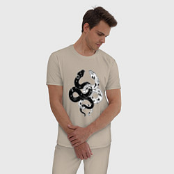 Пижама хлопковая мужская Змеи инь и янь - черное белое, цвет: миндальный — фото 2