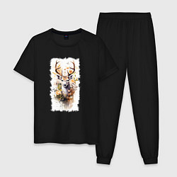 Пижама хлопковая мужская Олень в цветах акварель, цвет: черный