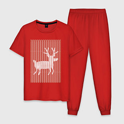 Пижама хлопковая мужская Новогодний олень орнамент вязанный свитер, цвет: красный
