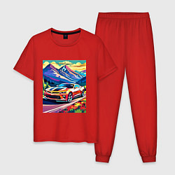 Пижама хлопковая мужская Авто на фоне гор, цвет: красный