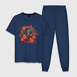 Пижама хлопковая мужская Дракон в розах, цвет: тёмно-синий