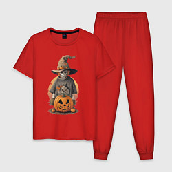 Пижама хлопковая мужская Хэллоуин пугало и тыква, цвет: красный