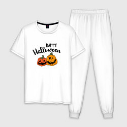 Пижама хлопковая мужская Happy halloween с тыквами, цвет: белый