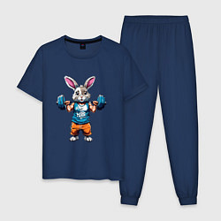 Пижама хлопковая мужская Кролик спортсмен, цвет: тёмно-синий