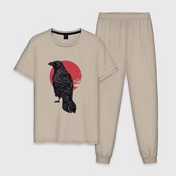 Пижама хлопковая мужская Ворон на красном круге, цвет: миндальный